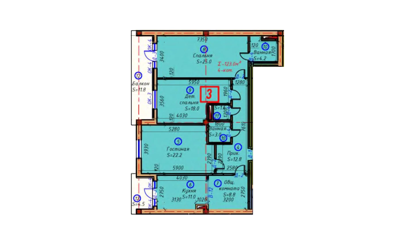 4-xonali xonadon 123 m²  5/5 qavat