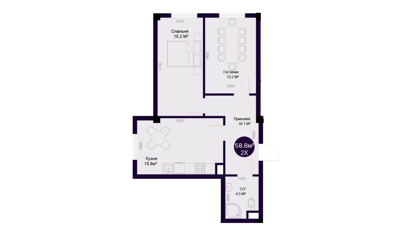 2-комнатная квартира 58.8 м²  1/1 этаж