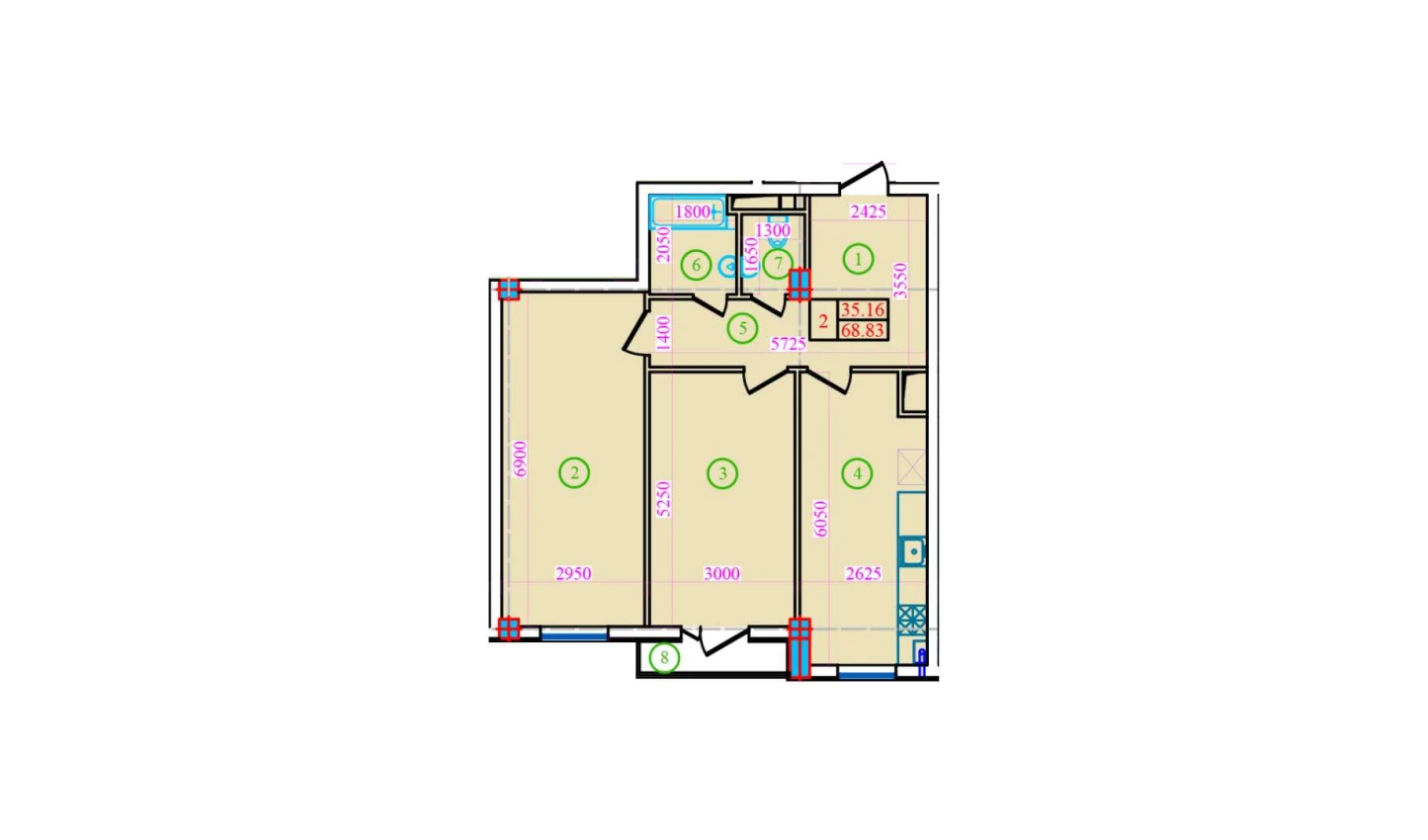 2-xonali xonadon 68.83 m²  6/9 qavat