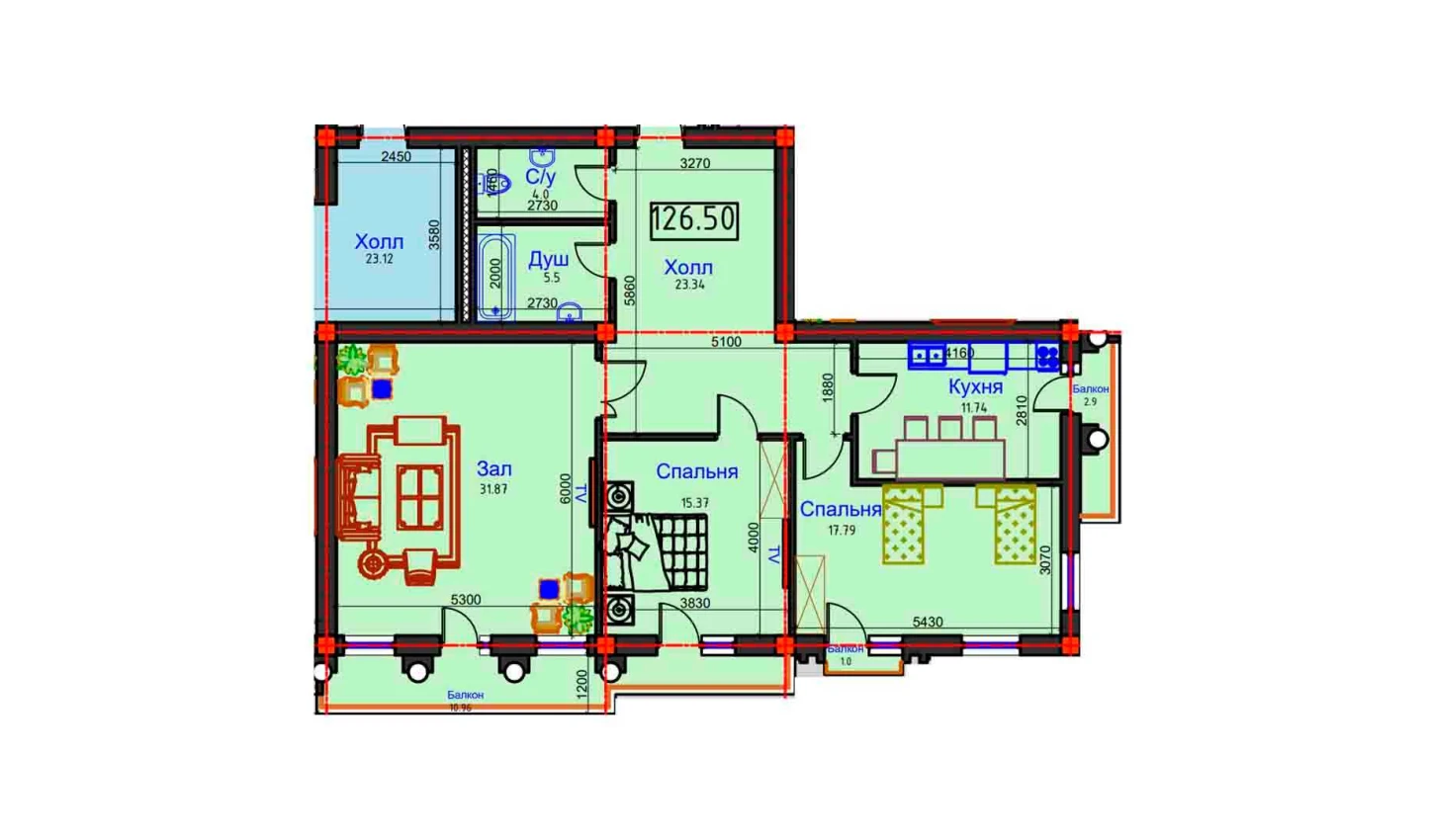 3-комнатная квартира 126.5 м²  8/8 этаж