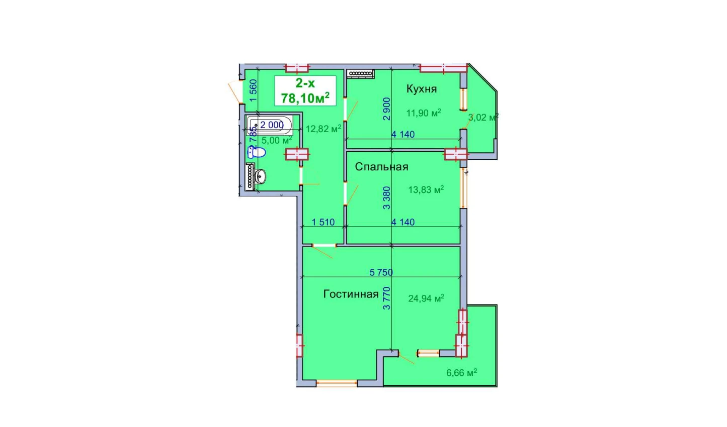 2-комнатная квартира 78.1 м²  8/8 этаж