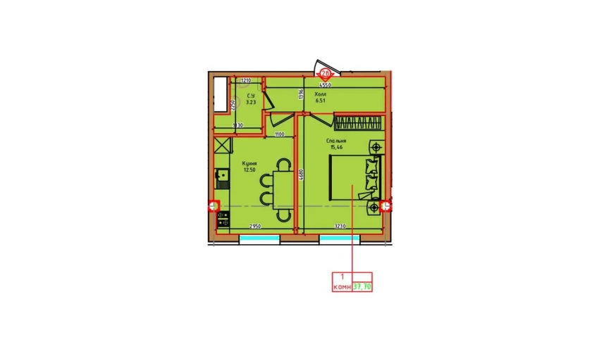 1-комнатная квартира 37.7 м²  6/6 этаж