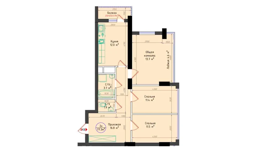 3-xonali xonadon 77.3 m²  18/25 qavat | Brilliant City Turar-joy majmuasi