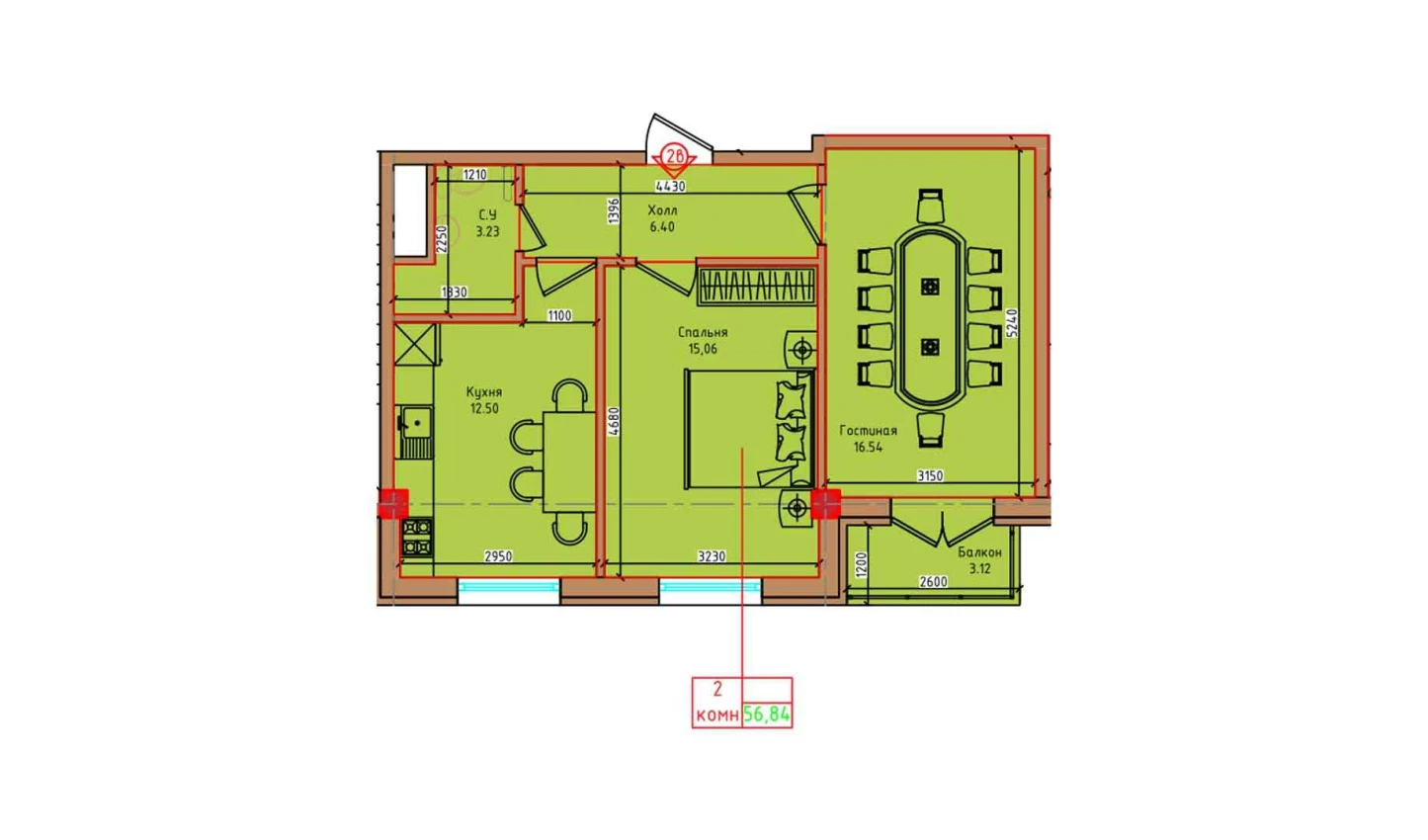 2-xonali xonadon 53.72 m²  2/2 qavat