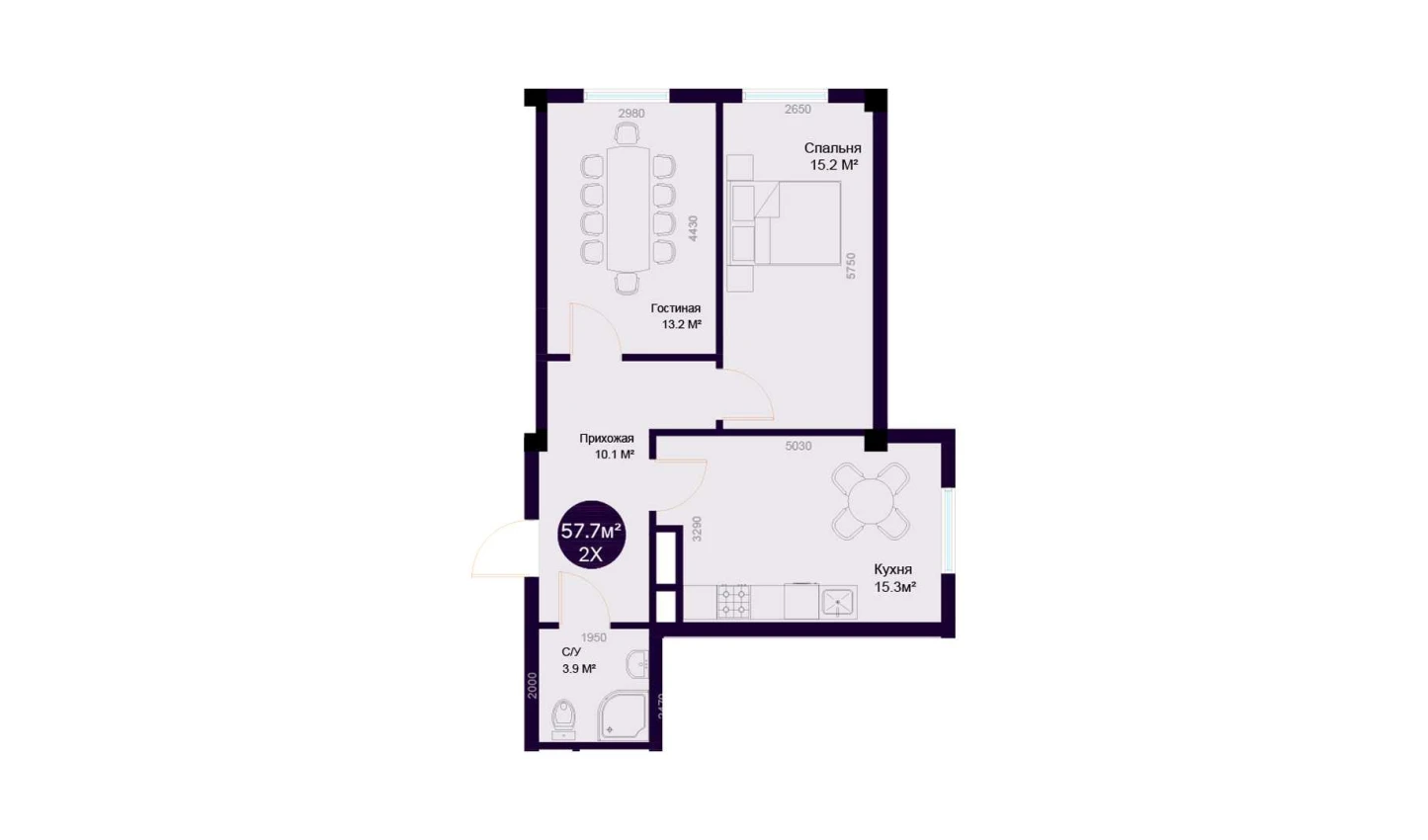 2-комнатная квартира 57.7 м²  7/7 этаж