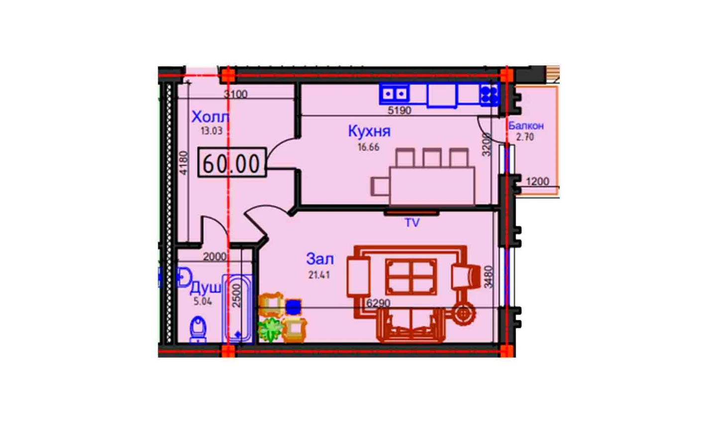 1-xonali xonadon 60 m²  6/6 qavat