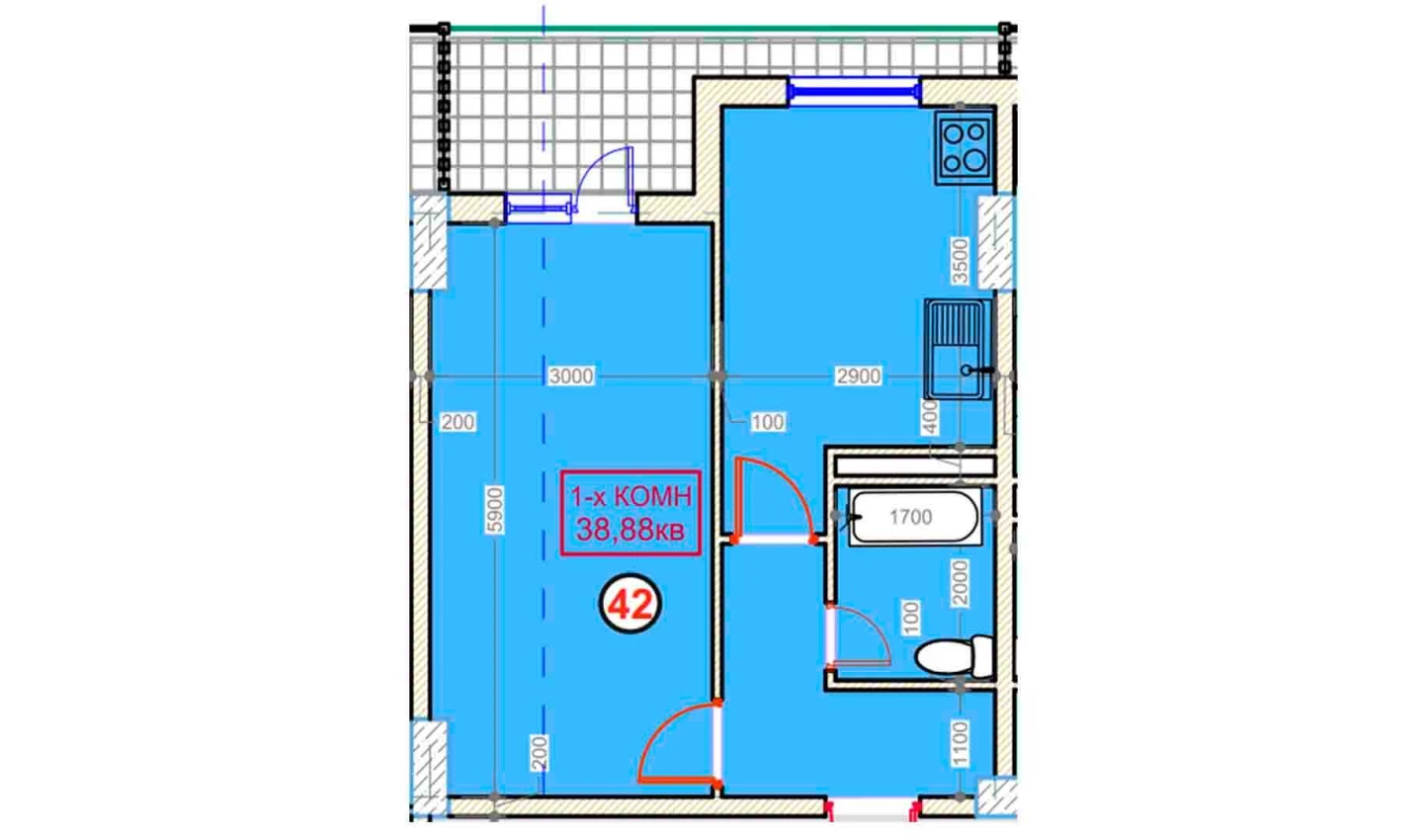 1-комнатная квартира 38.88 м²  2/2 этаж