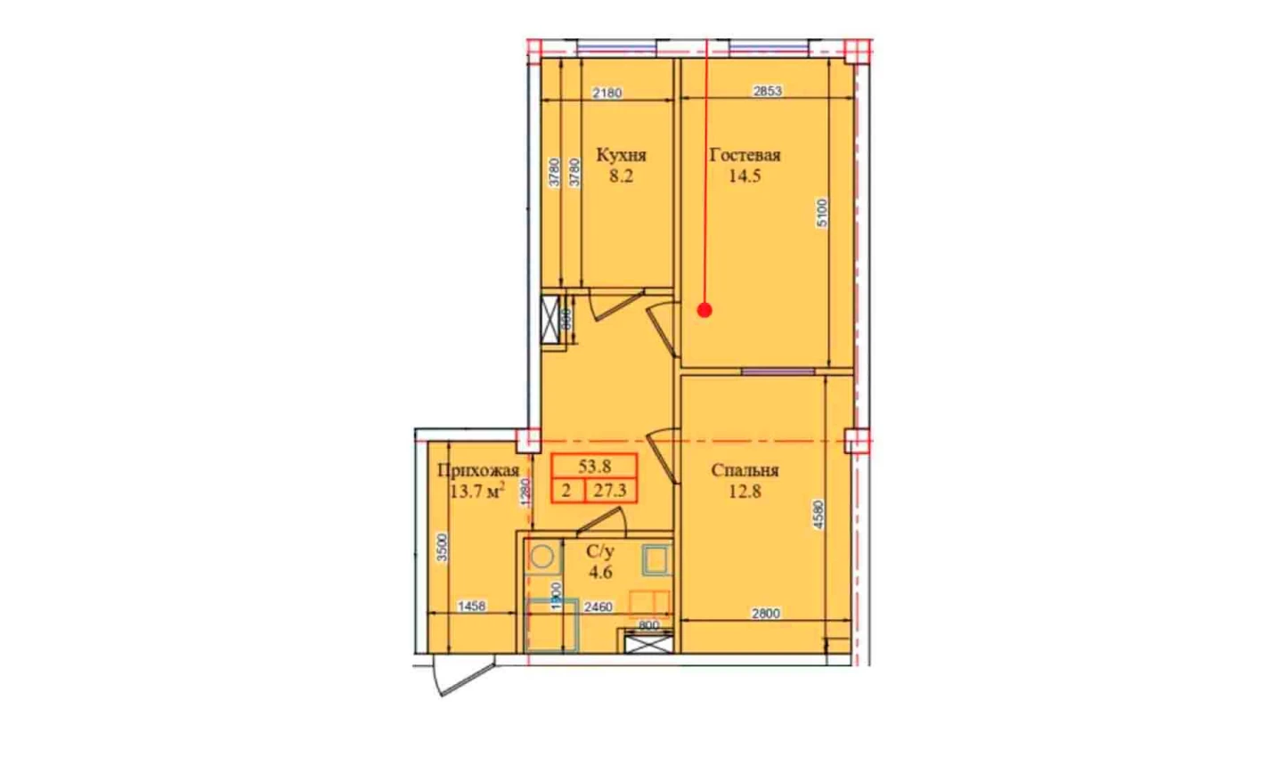 2-xonali xonadon 53.8 m²  1/1 qavat