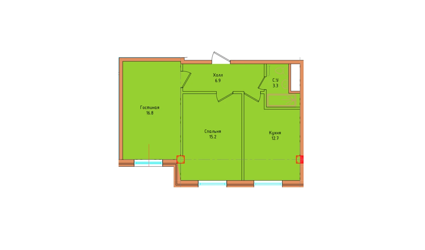 2-комнатная квартира 54.9 м²  1/1 этаж