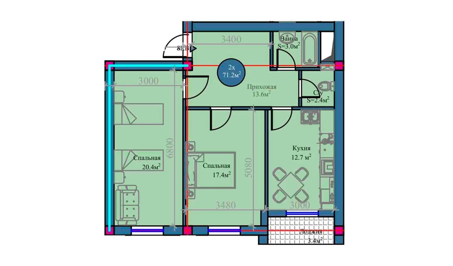 2-xonali xonadon 71.2 m²  7/7 qavat