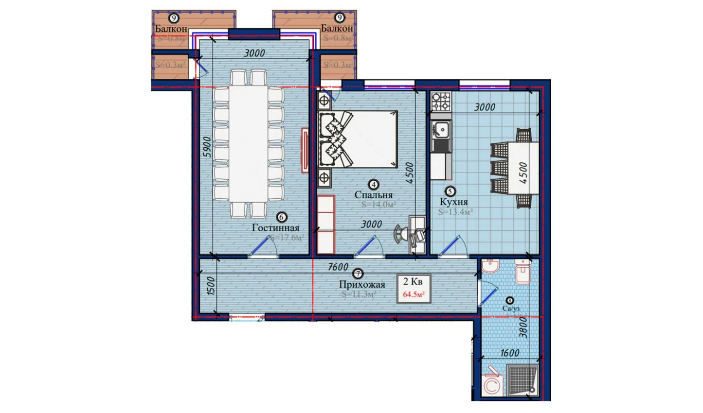 2-xonali xonadon 64.5 m²  1/1 qavat