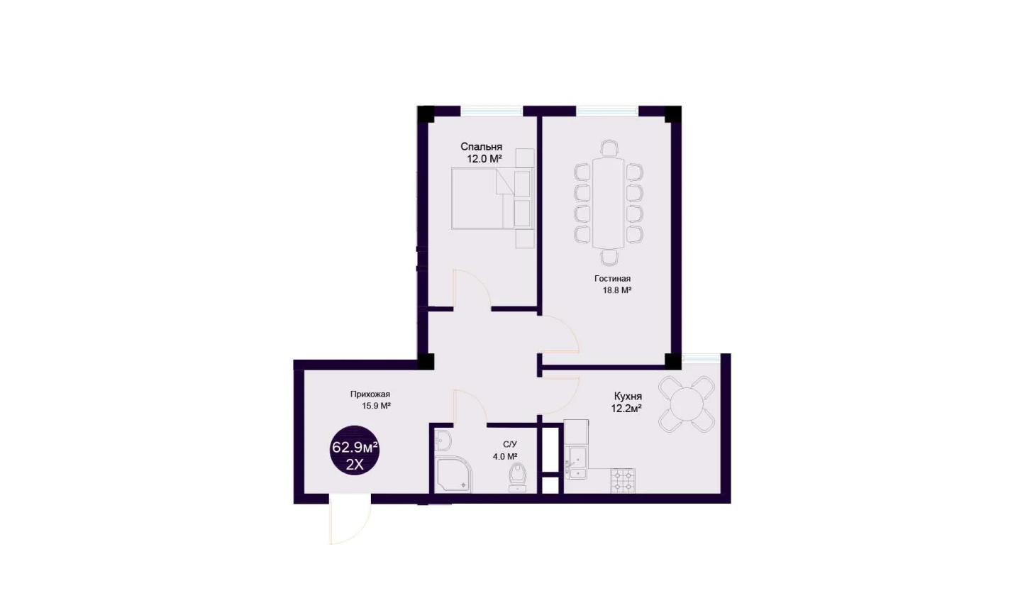 2-комнатная квартира 62.9 м²  7/7 этаж