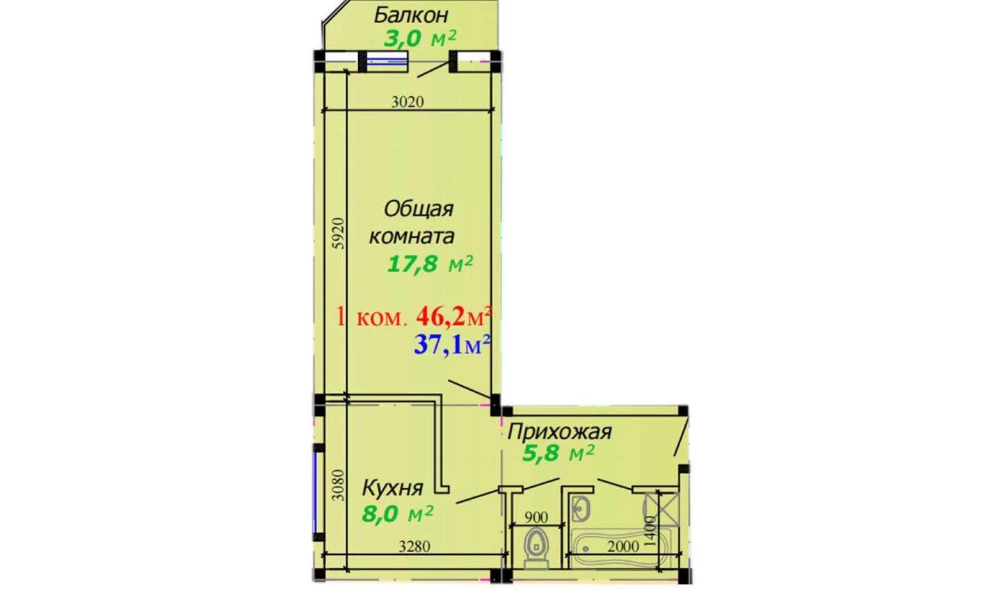 1-комнатная квартира 46.2 м²  6/6 этаж