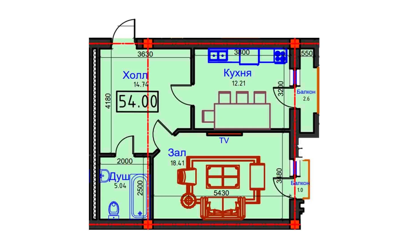 1-комнатная квартира 54 м²  4/4 этаж