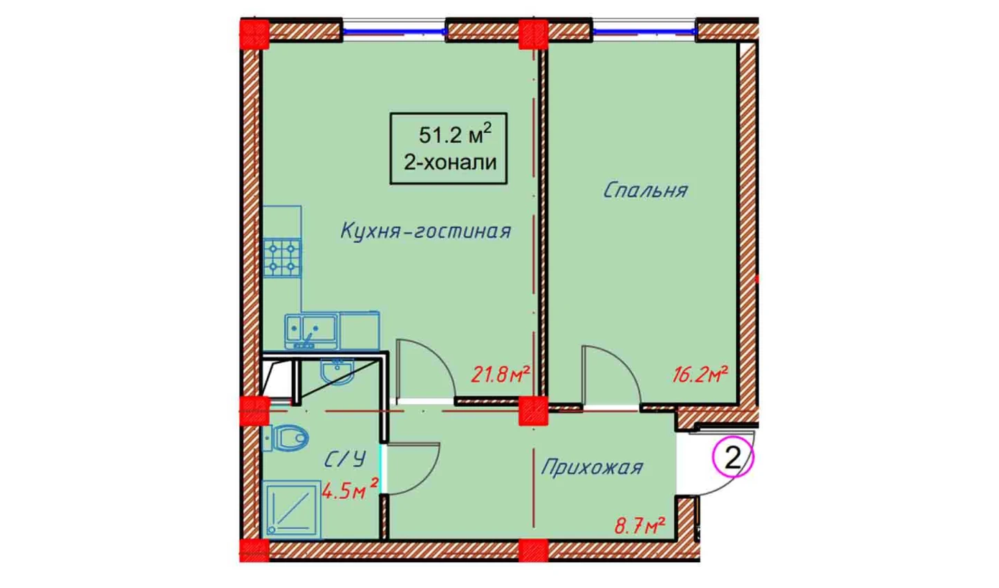 2-комнатная квартира 51.2 м²  1/1 этаж