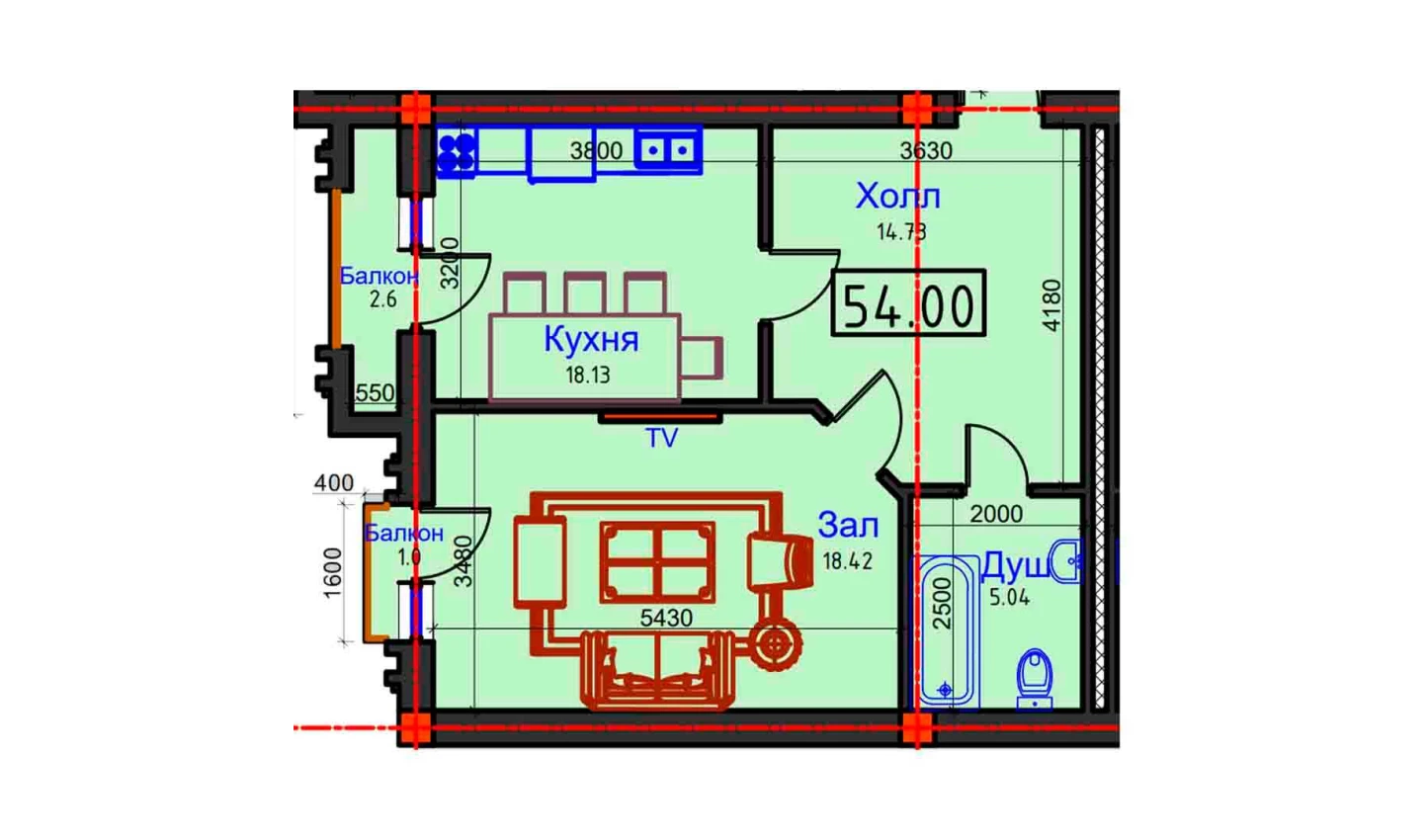 1-комнатная квартира 54 м²  5/5 этаж