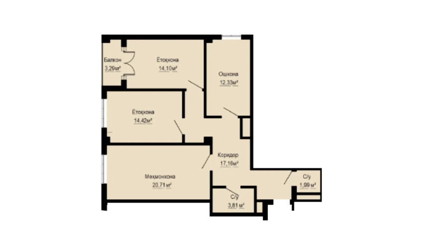 3-xonali xonadon 87.81 m²  11/16 qavat | Musaffo Turar-joy majmuasi