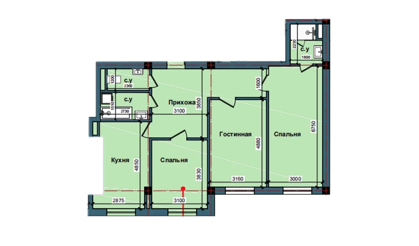 3-xonali xonadon 95.3 m²  2/2 qavat