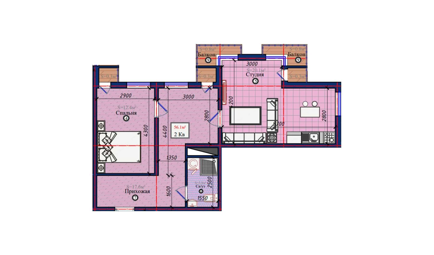 2-комнатная квартира 56.1 м²  3/3 этаж