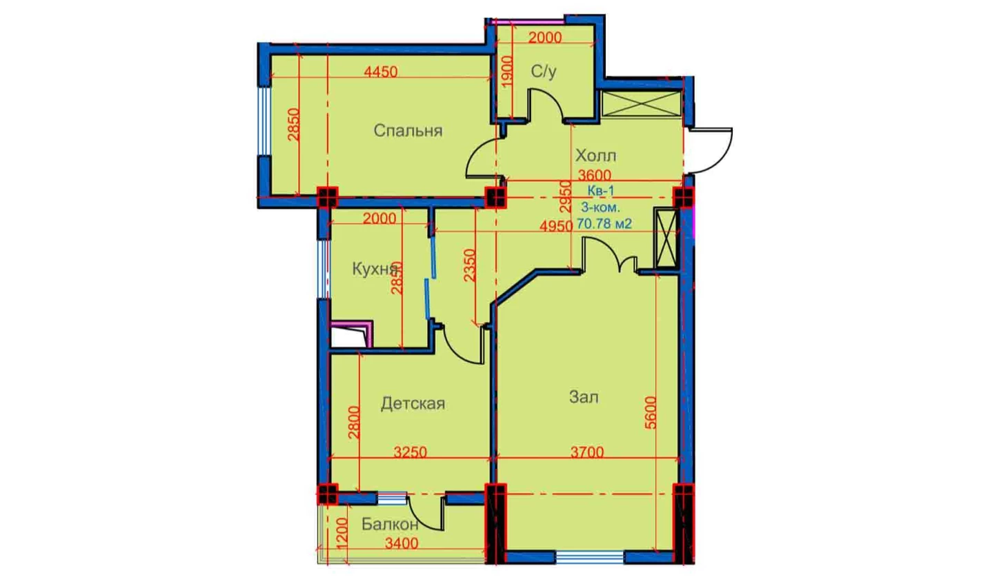 3-xonali xonadon 70.78 m²  6/6 qavat