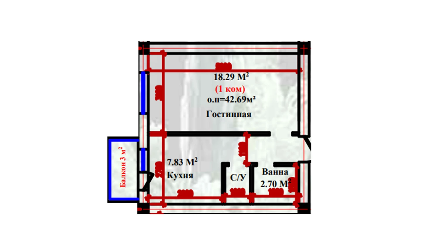 1-xonali xonadon 42.69 m²  1/1 qavat