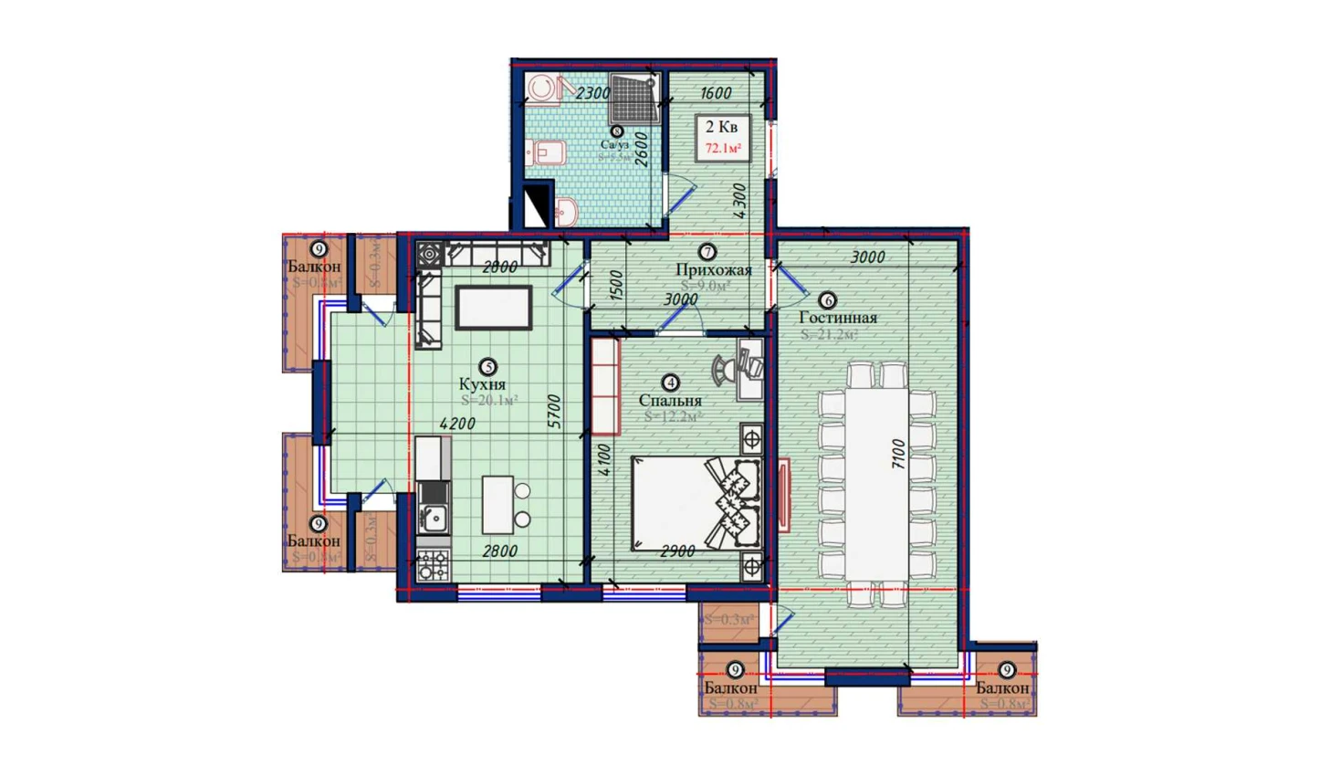 2-комнатная квартира 72.1 м²  3/3 этаж