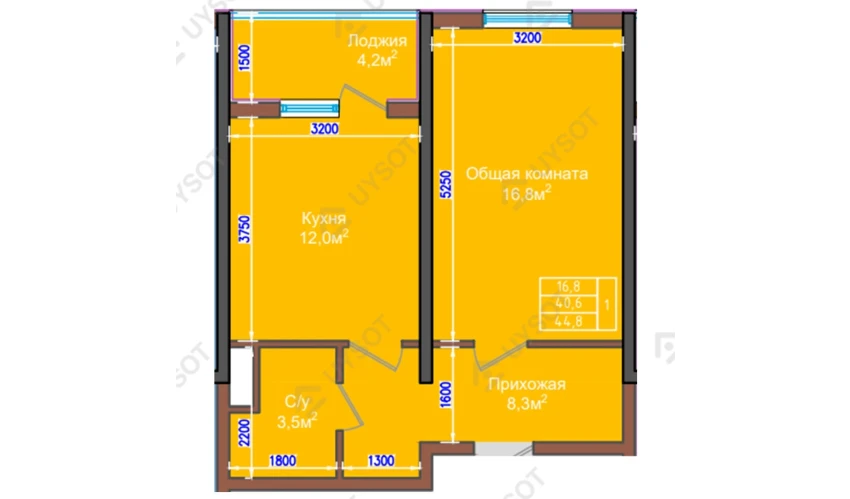 1-xonali xonadon 44.8 m²  2/9 qavat | NUR HAYAT Turar-joy majmuasi