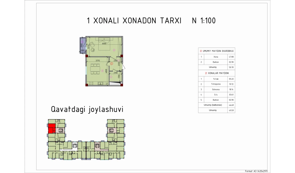 1-xonali xonadon 49.59 m²  6/6 qavat