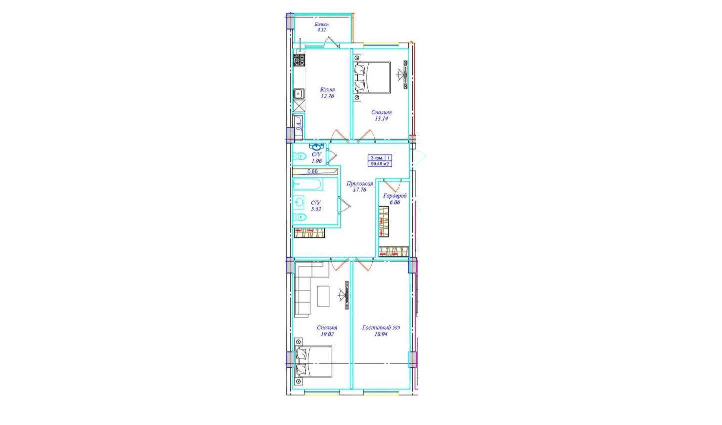 3-xonali xonadon 99.48 m²  2/2 qavat