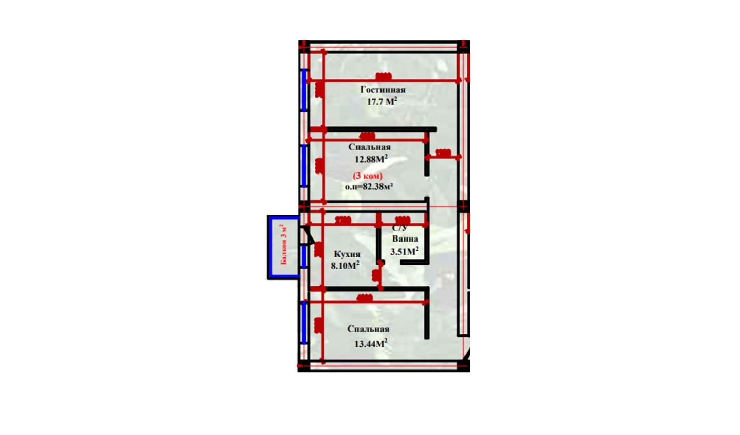 3-xonali xonadon 82.38 m²  2-9/2-9 qavat