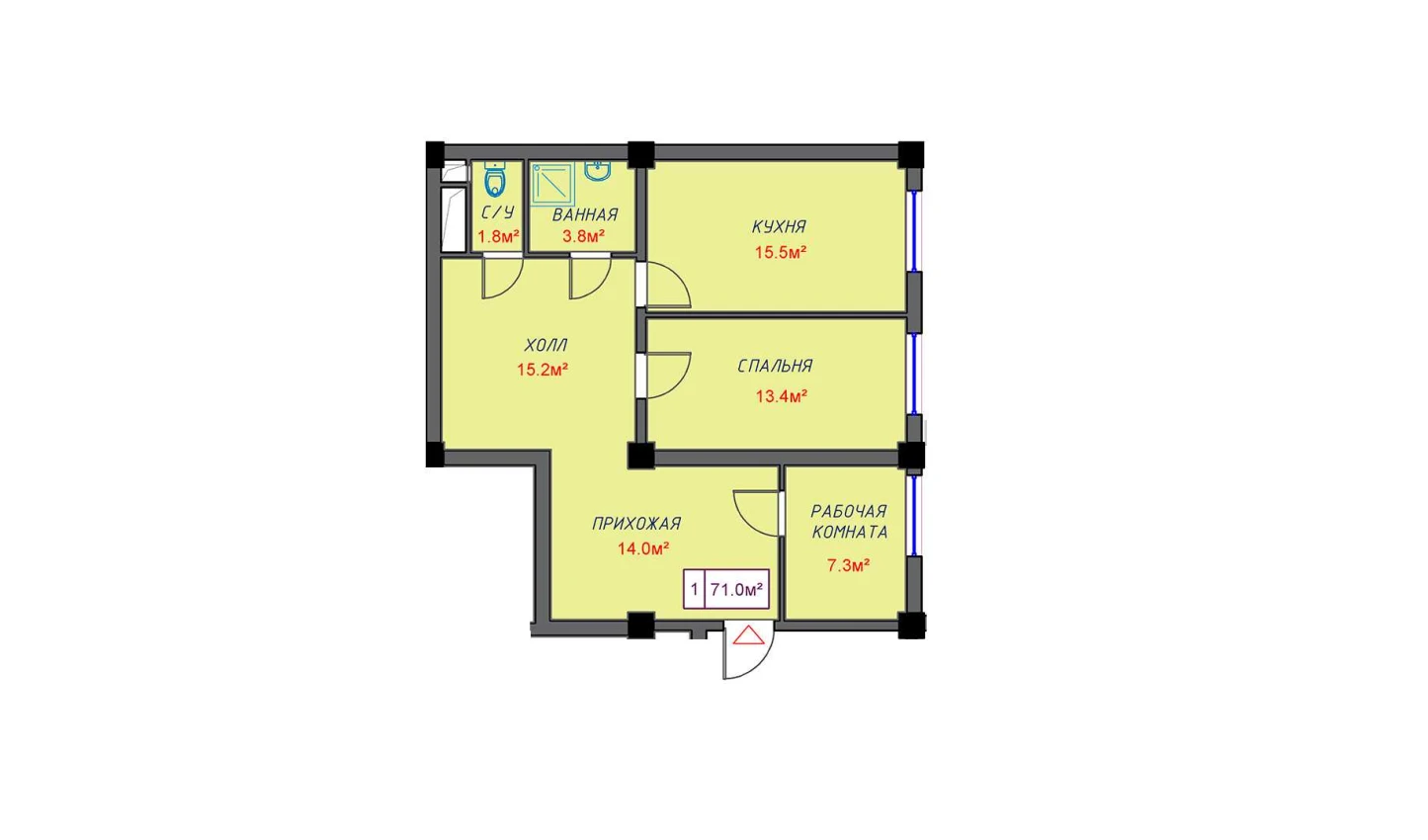 3-комнатная квартира 71 м²  0/0 этаж