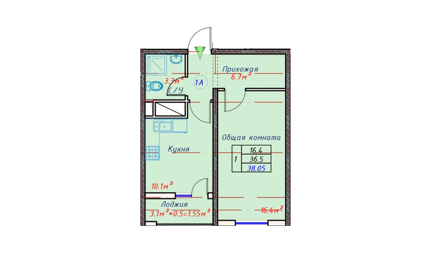 1-xonali xonadon 38.05 m²  15/16 qavat | TRINITY Turar-joy majmuasi