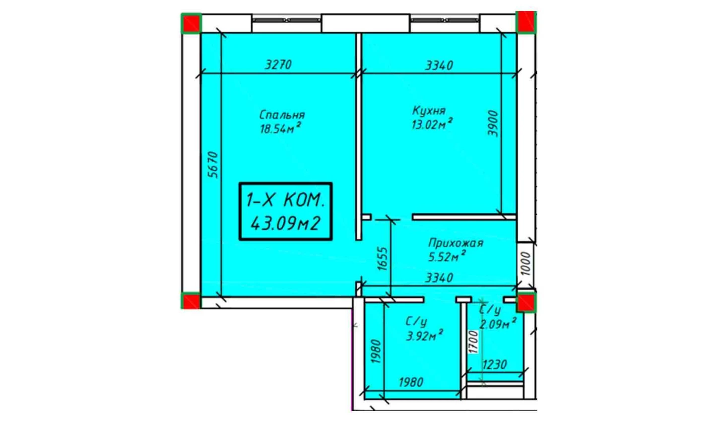 1-xonali xonadon 43.09 m²  2/2 qavat