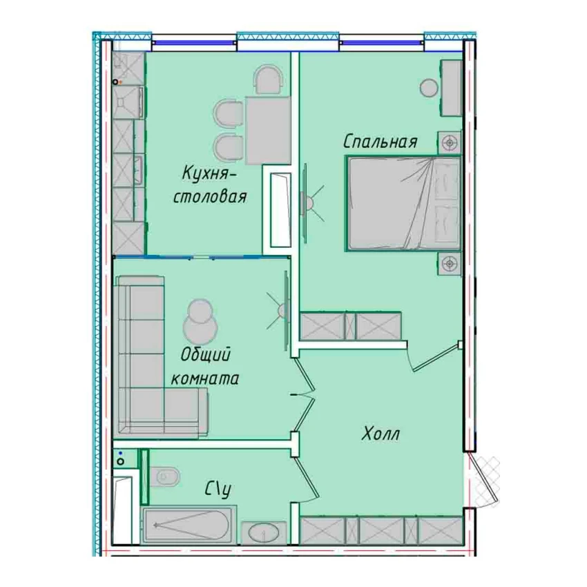 2-комнатная квартира 50.7 м²  1/1 этаж