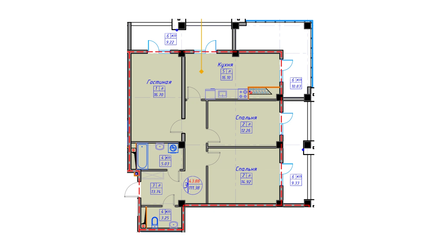 3-комнатная квартира 119.56 м²  1/1 этаж