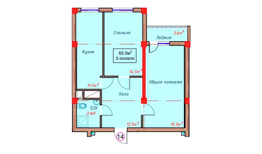 2-комнатная квартира 65 м²  3/9 этаж | Жилой комплекс Orzular