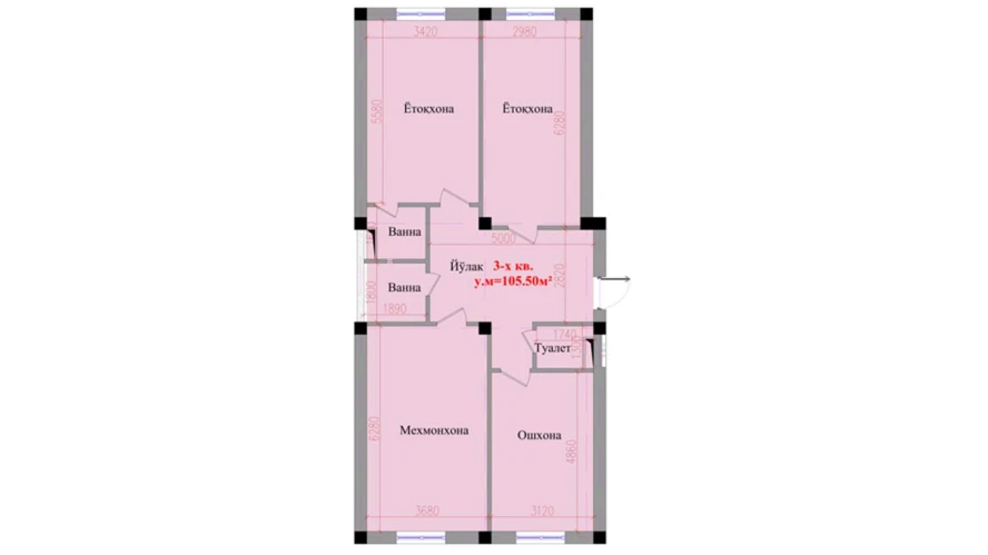 3-xonali xonadon 105.5 m²  1/1 qavat