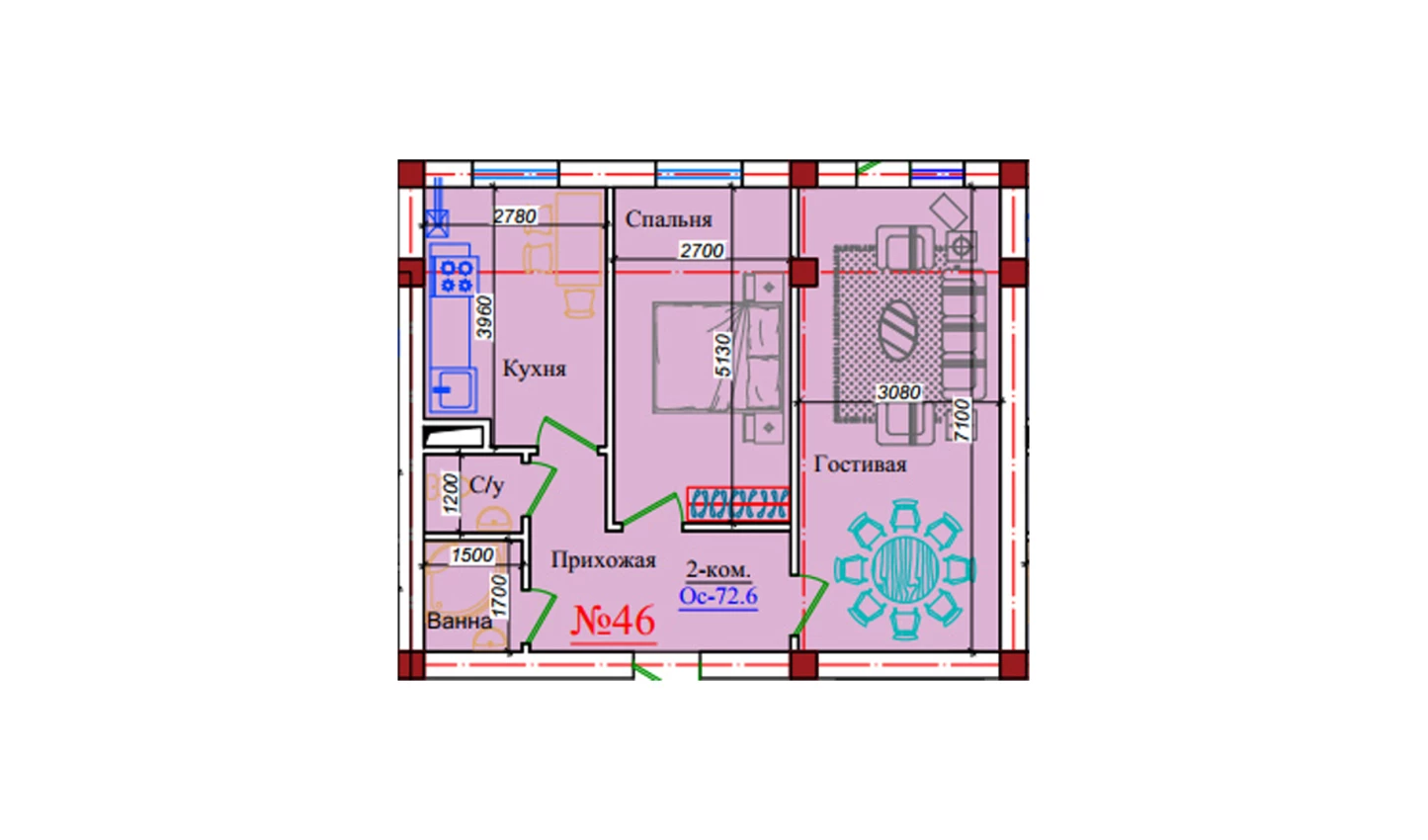 2-xonali xonadon 72.6 m²  8/8 qavat