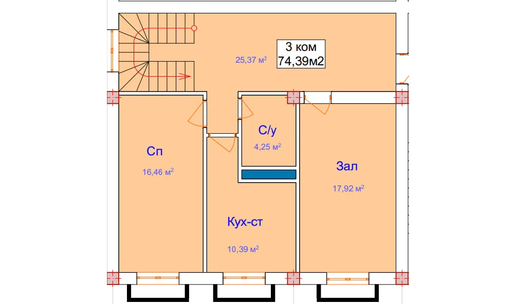 3-комнатная квартира 74.39 м²  7/7 этаж