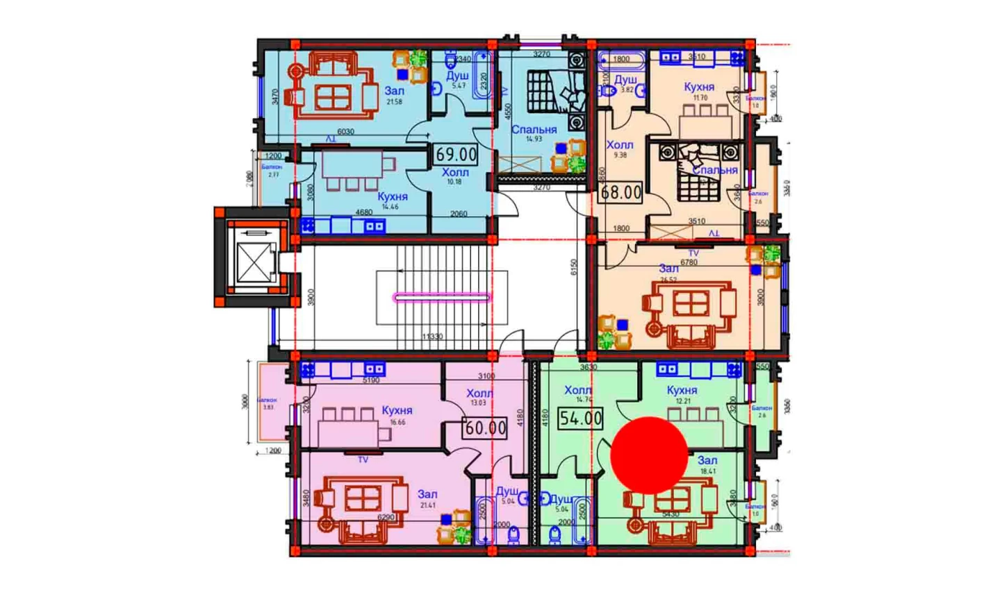 1-комнатная квартира 54 м²  7/7 этаж