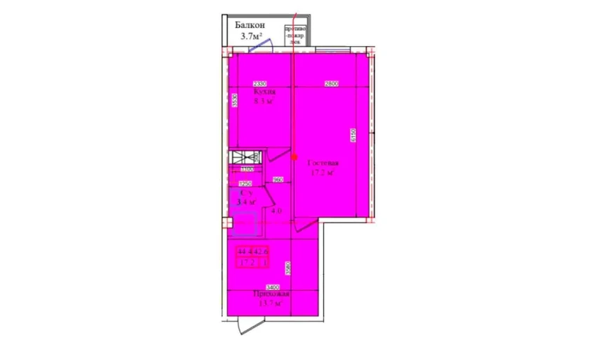 1-xonali xonadon 44.4 m²  9/9 qavat