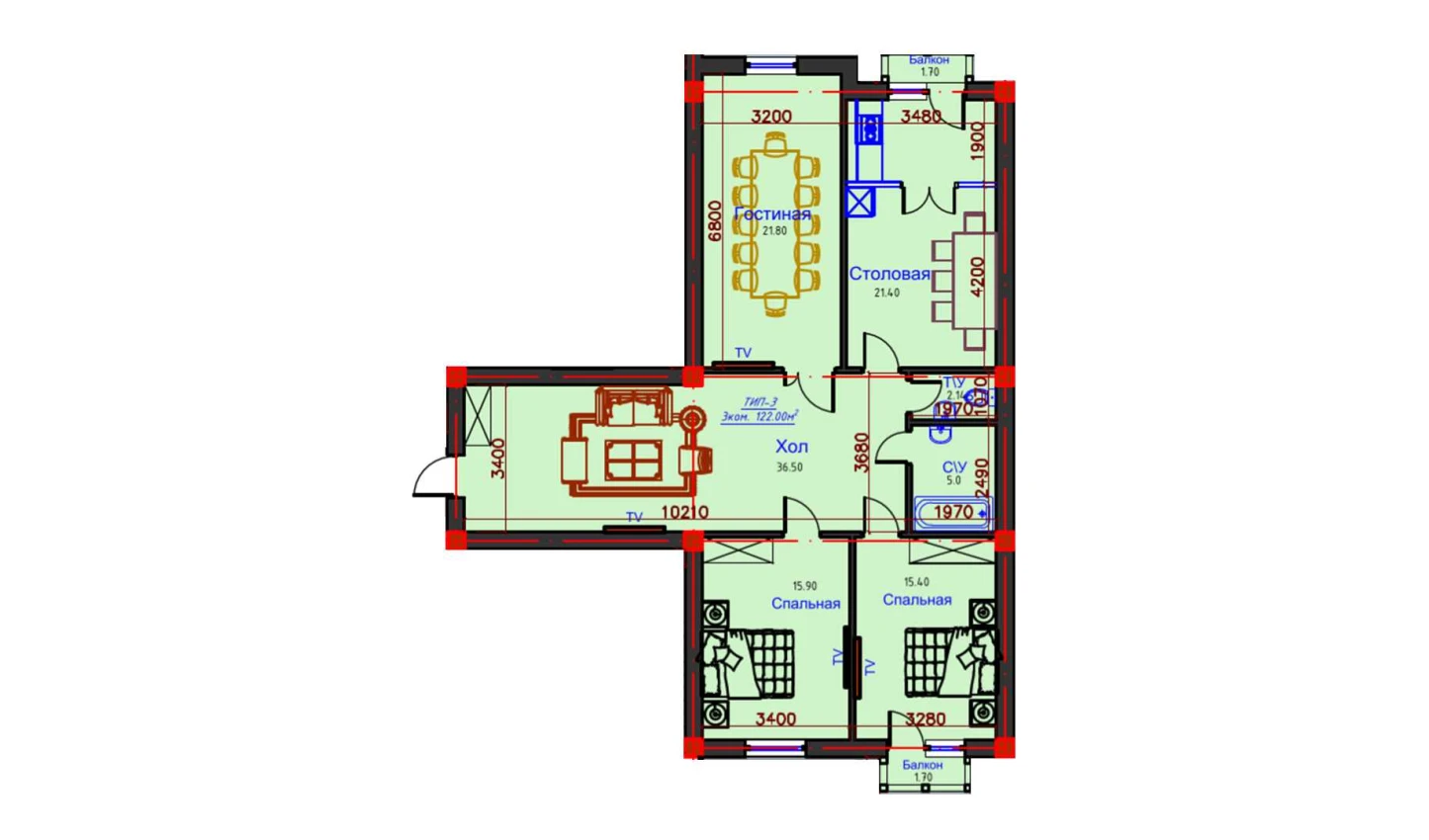 3-xonali xonadon 122 m²  9/9 qavat