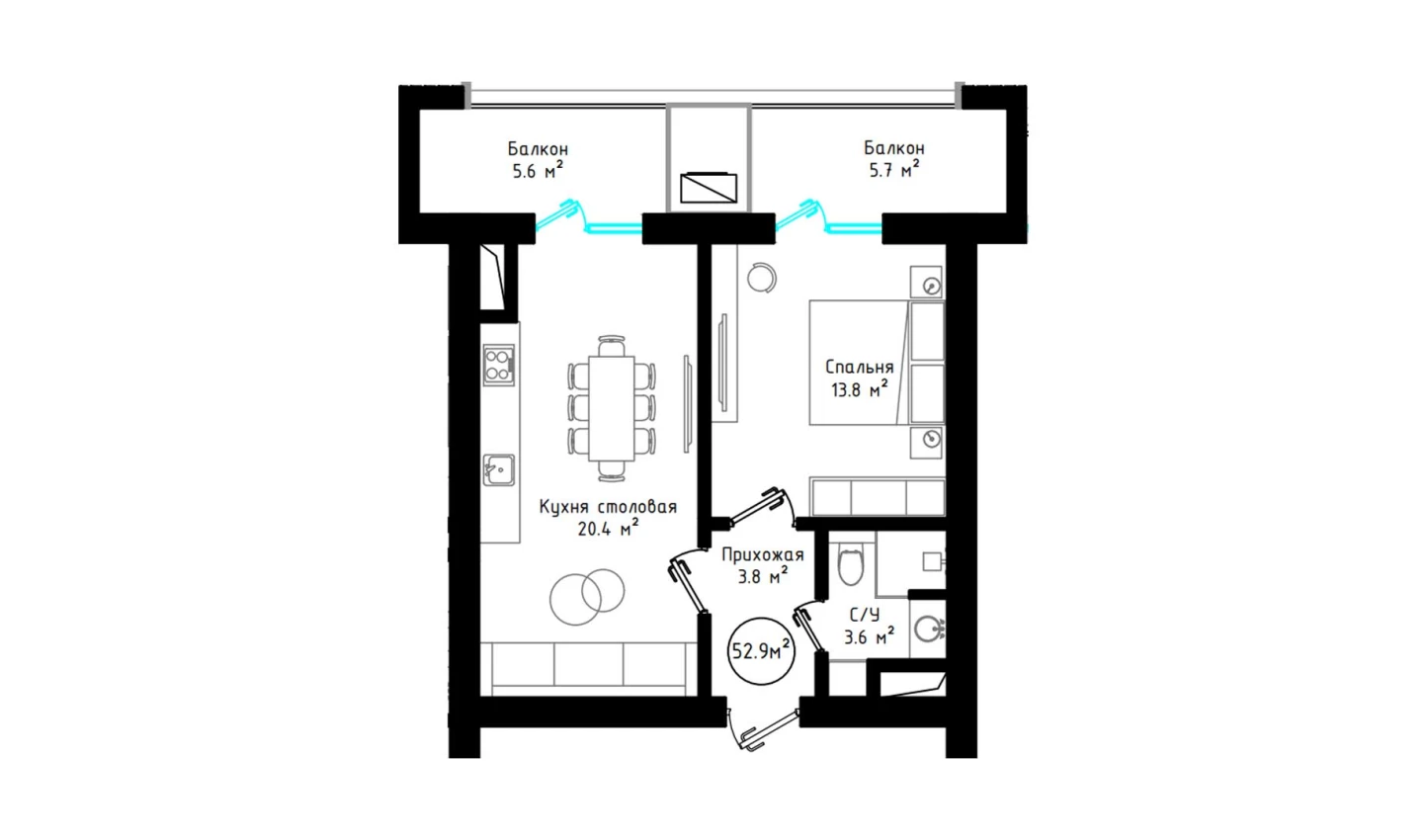 1-комнатная квартира 52.9 м²  8/8 этаж