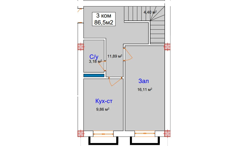 3-комнатная квартира 86.5 м²  7/7 этаж