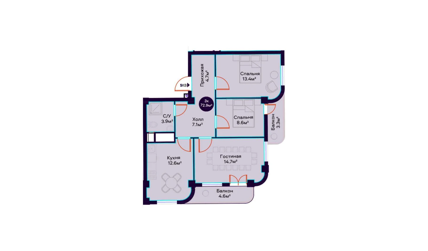 3-комнатная квартира 72.9 м²  10/10 этаж