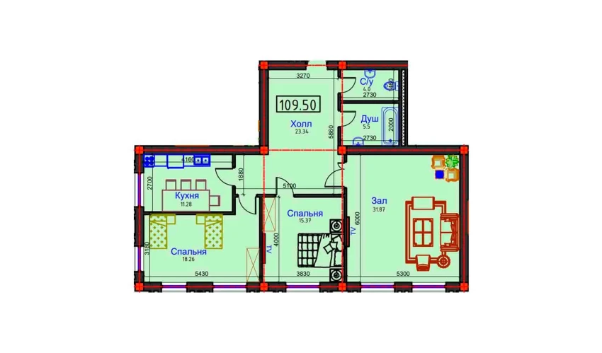 3-комнатная квартира 109.5 м²  1/8 этаж | Жилой комплекс BAHOR