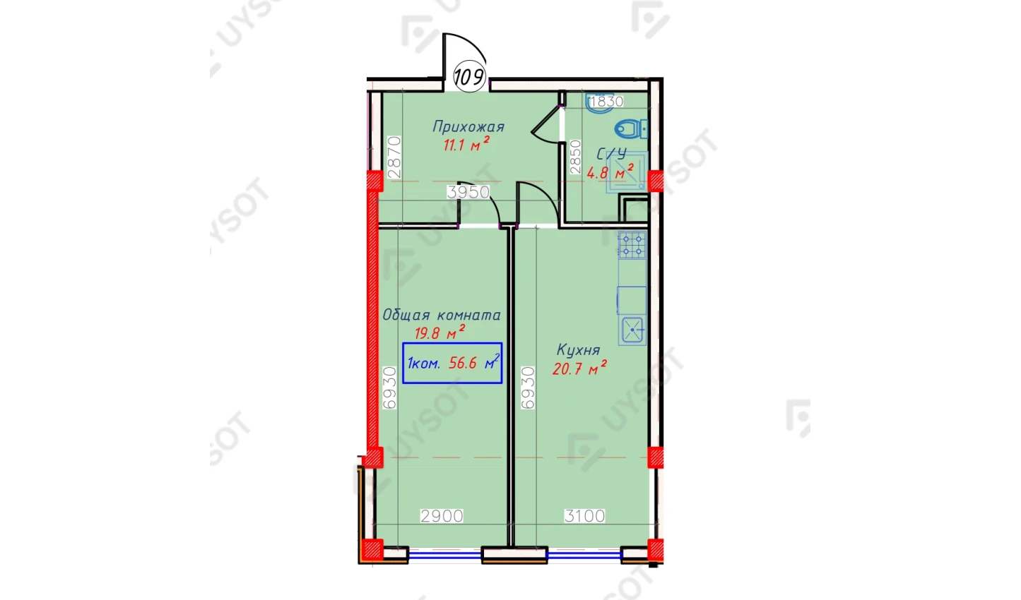 1-комнатная квартира 56.6 м²  1/1 этаж