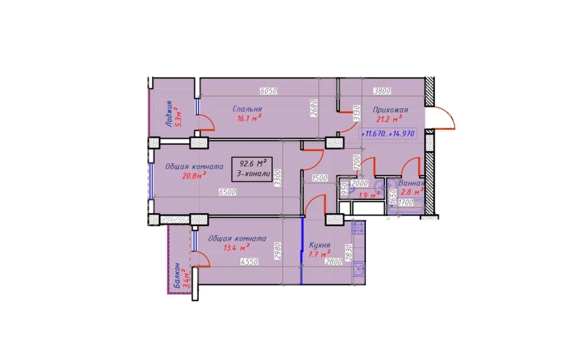 3-xonali xonadon 92.6 m²  9/16 qavat | Sam House (Qora Suv) Turar-joy majmuasi