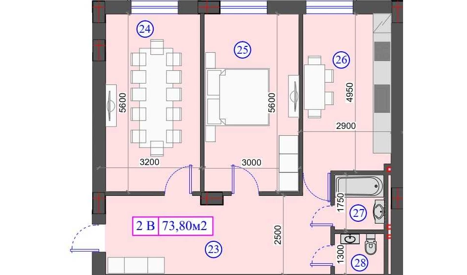 2-xonali xonadon 73.8 m²  0/0 qavat