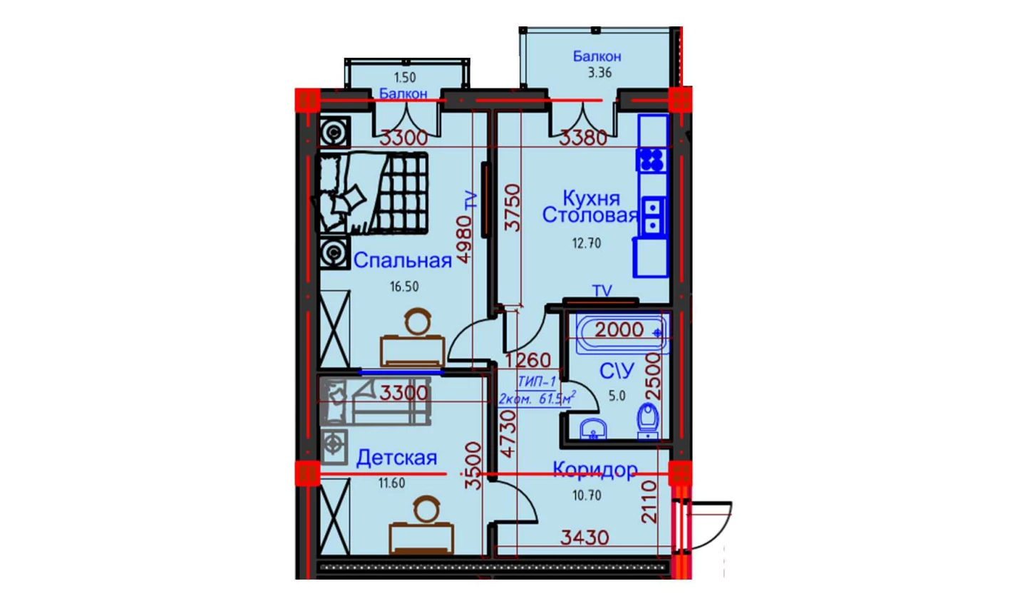 2-xonali xonadon 61.5 m²  8/8 qavat